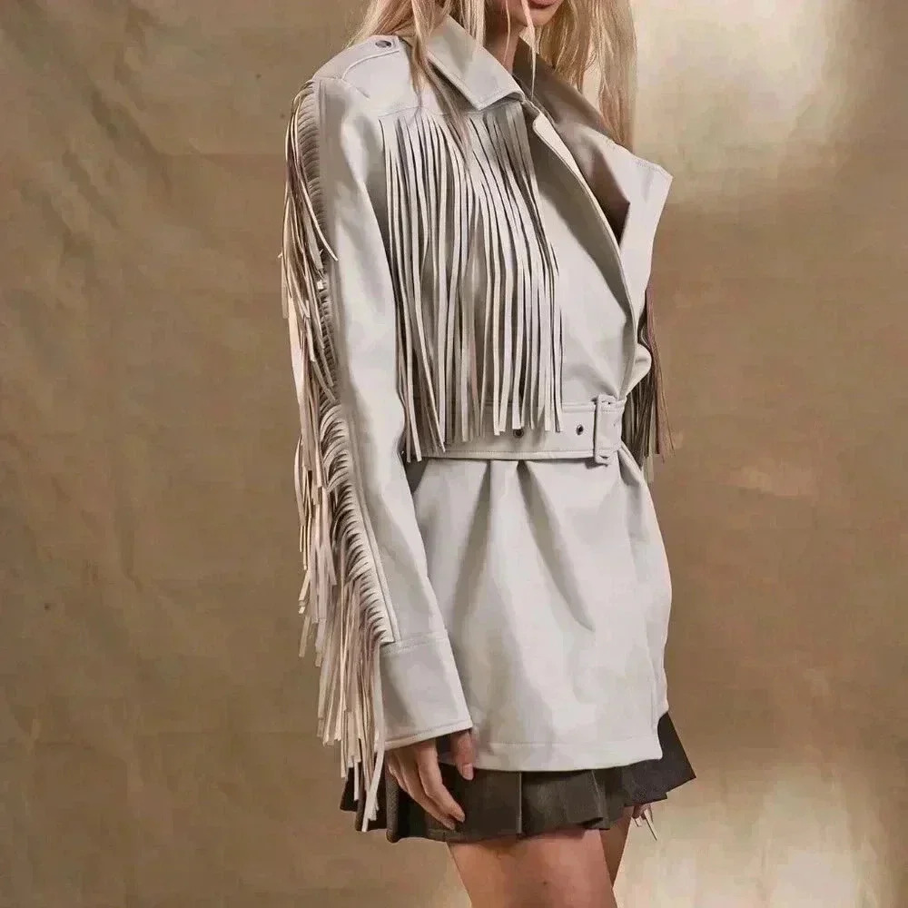 Beige Casual Women's Western Boho Fringe Woven Fabric Jacket - Picture 2 of 5